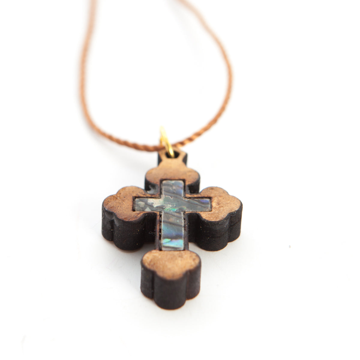 Budded Cross Necklace (Olive Wood and Colorful Abalone)