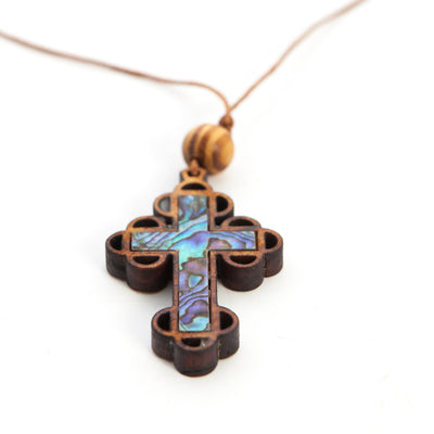 Budded Cross Necklace with a Bead (Olive Wood and Colorful Abalone)