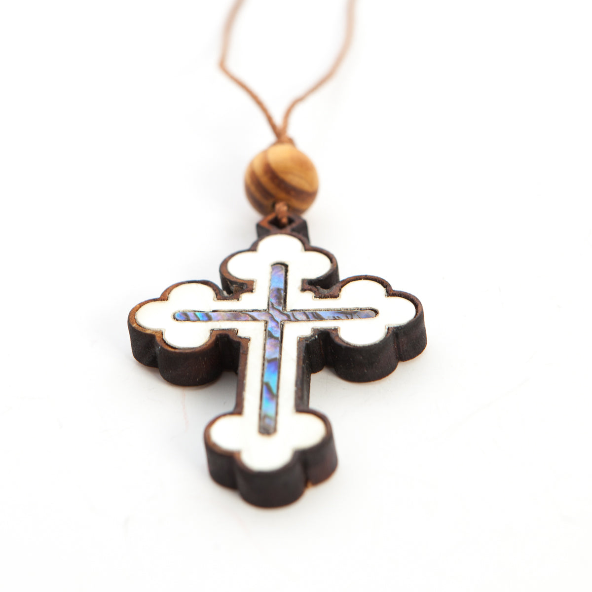 Budded Cross Necklace with a Bead (Olive Wood and Colorful Mother of Pearl)