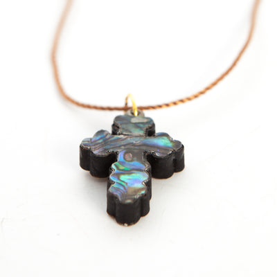 Budded Cross Necklace (Olive Wood and Colorful Mother of Pearl)