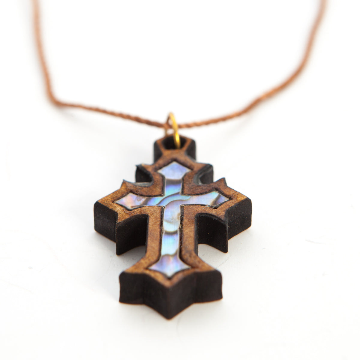 Colorful Mother of Pearl Cross Necklace on Olive Wood Base