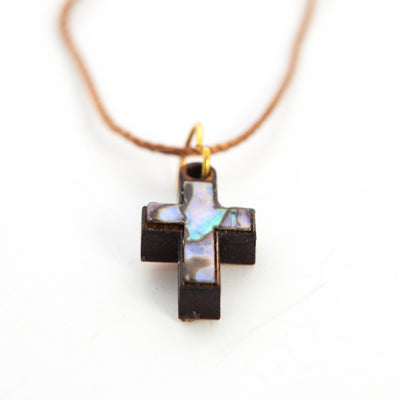 Olive Wood Cross Necklace with Colorful Mother of Pearl inlay