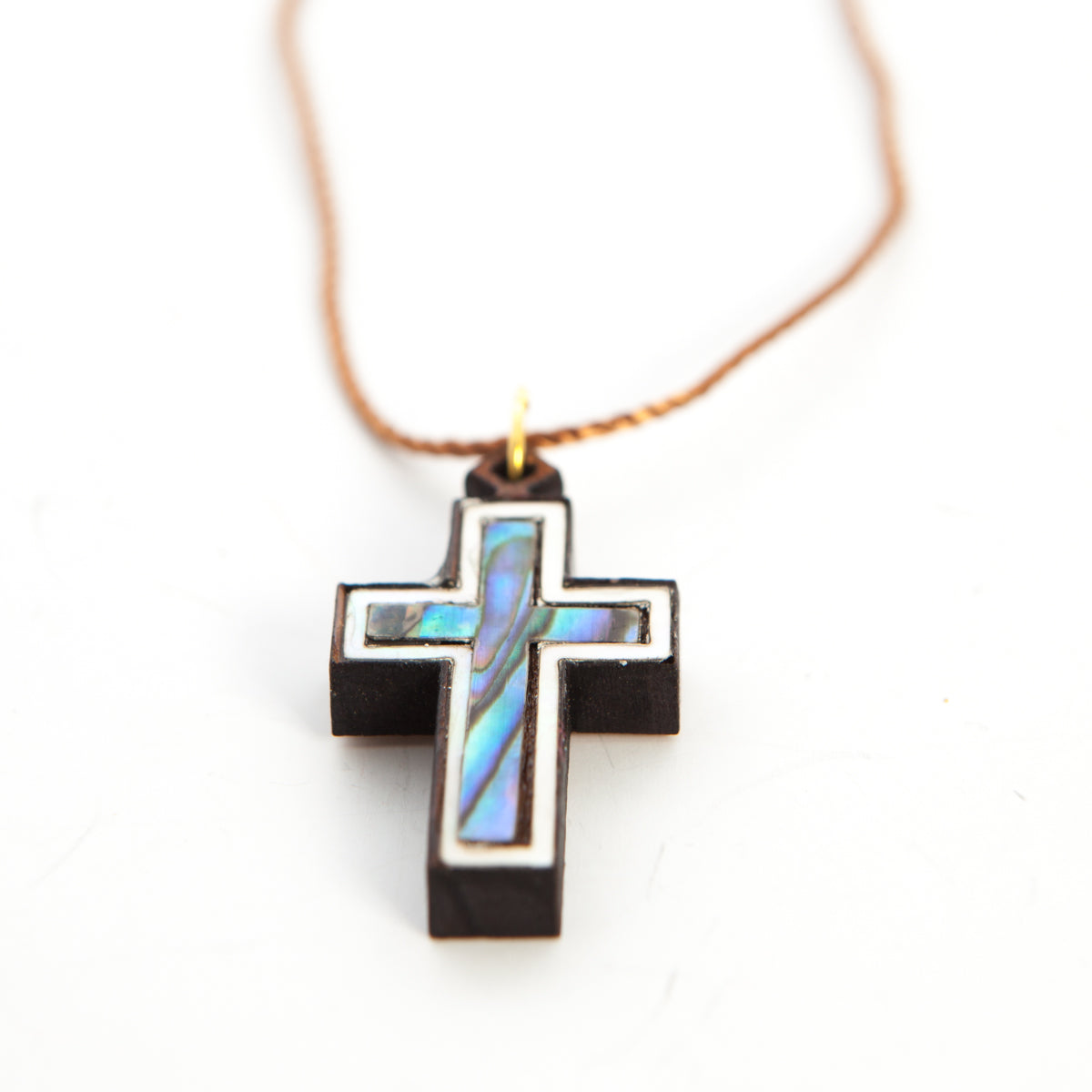 White, Blue-Green Mother of Pearl Cross Necklace on Olive Wood Base