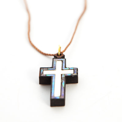 Olive Wood Cross Necklace with White, Blue-Green Mother of Pearl