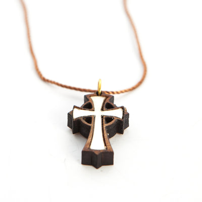Olive Wood and White Mother of Pearl Cross Necklace (Celtic Style)