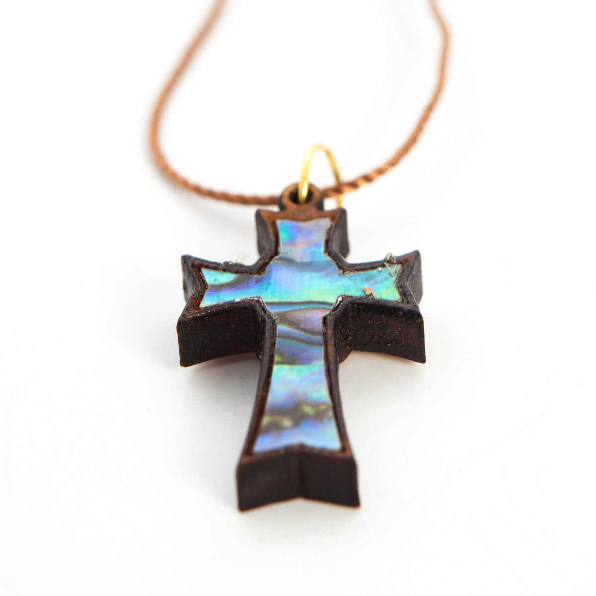 Olive Wood Cross Necklace with Blue-Green Mother of Pearl inlay