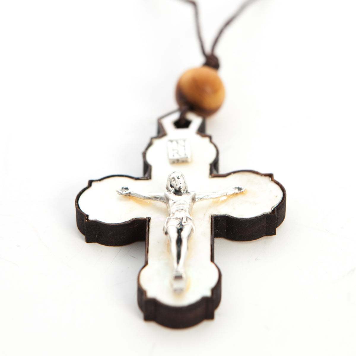 White Mother of Pearl INRI Crucifix Necklace with a Bead on Olive Wood Base