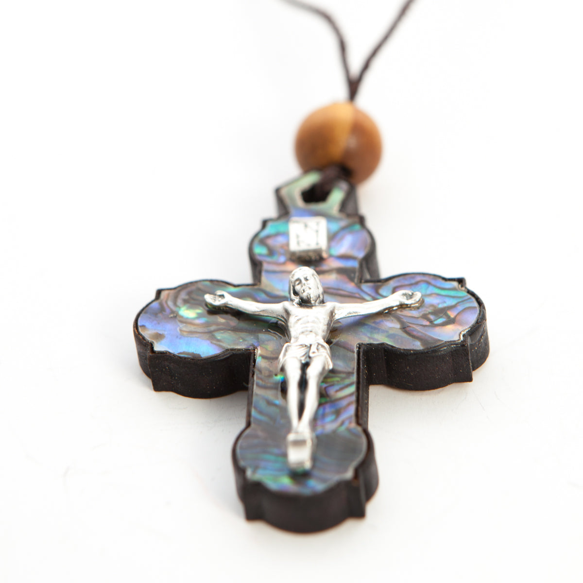 Blue-Green Mother of Pearl INRI Crucifix Necklace with a Bead on Olive Wood Base