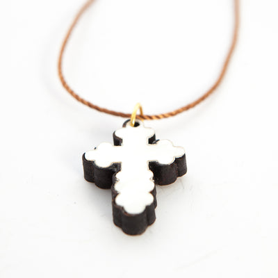 Olive Wood and White Mother of Pearl Cross Necklace (Budded Style)