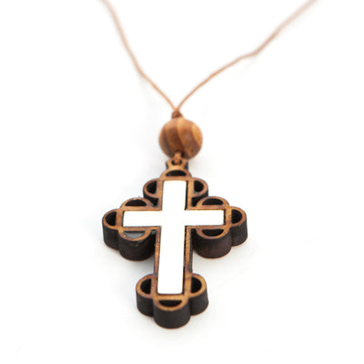 Budded Cross Necklace with a Bead (Olive Wood and White Abalone)