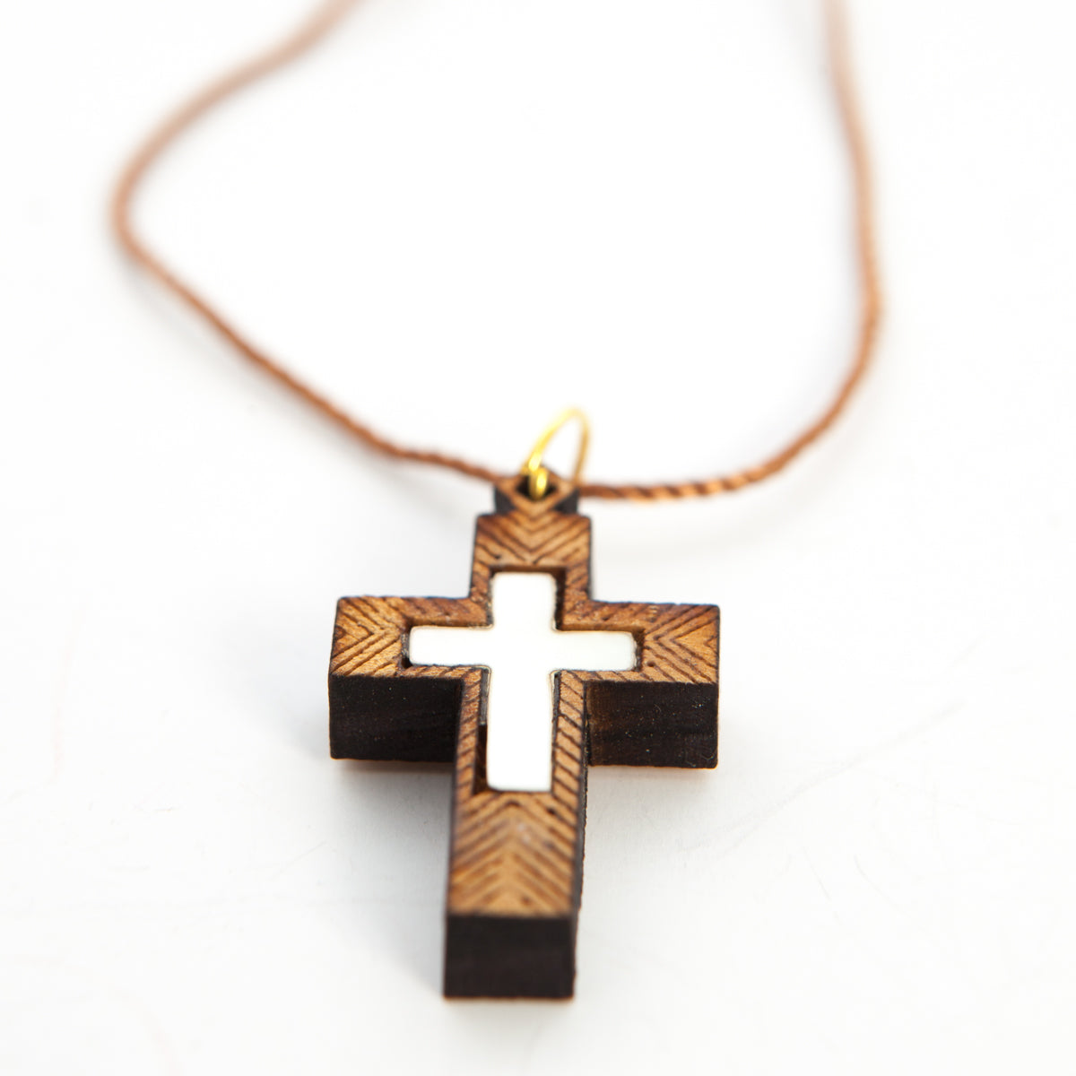 White Mother of Pearl Cross Necklace with a Decorative Olive Wood Frame