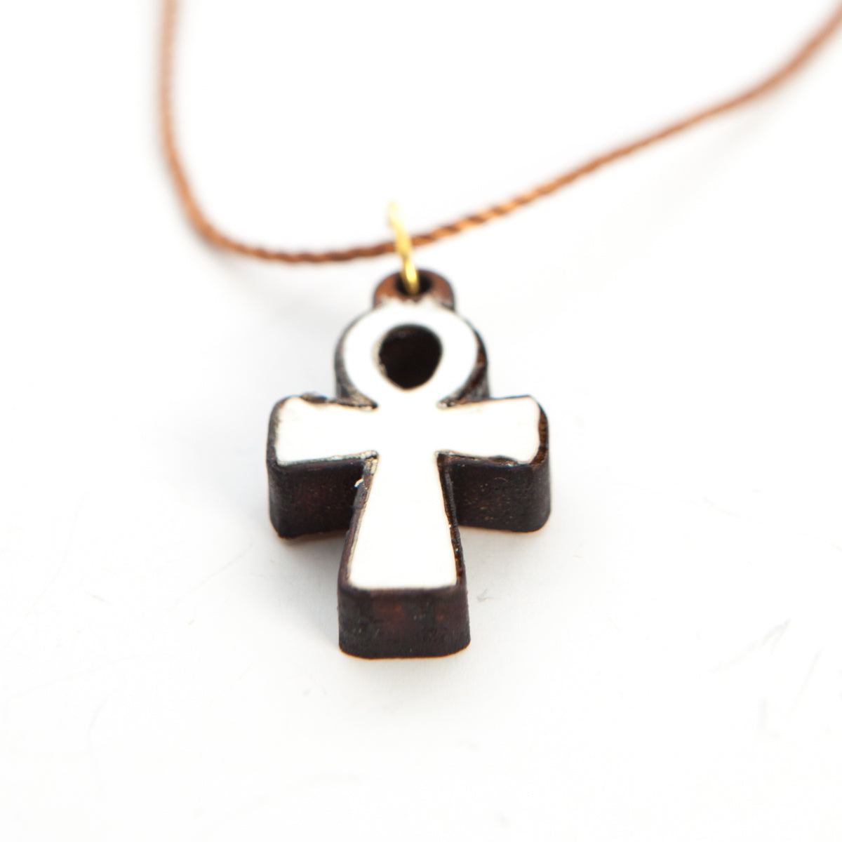 Olive Wood and White Mother of Pearl Coptic Ankh Cross Necklace