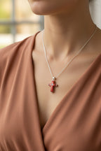 Religious jewelry hand made in Bethlehem Holy Land, front view of the olive wood masterpiece