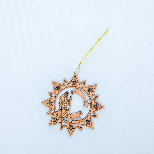 Olive wood Christmas ornament hand carved in Bethlehem, 3 inch side angle of the olive wood sculpture