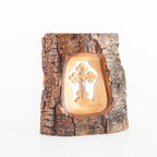 Olive wood crucifix hand carved in Bethlehem, side angle of the olive wood sculpture