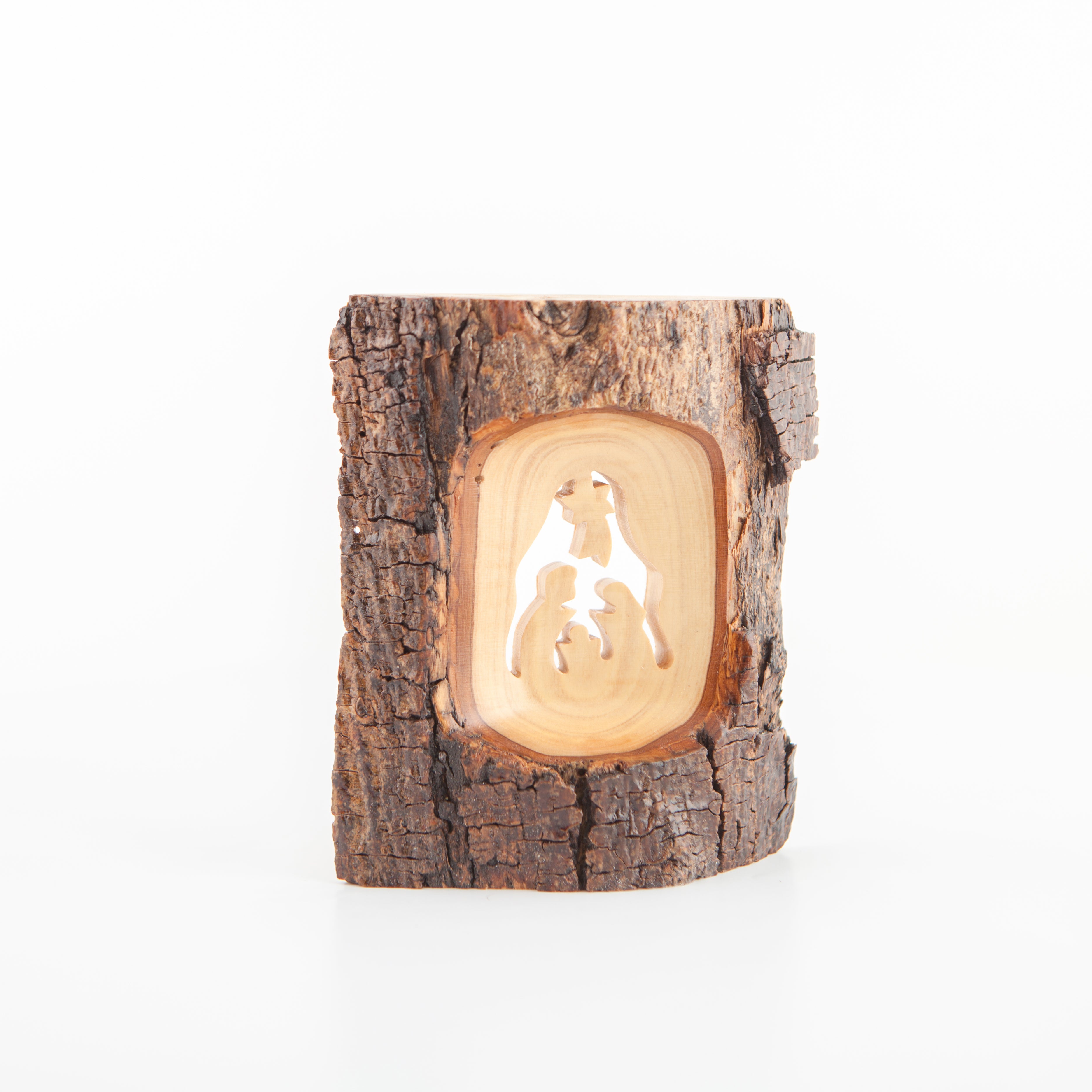 Olive wood Christmas ornament hand carved in Bethlehem, side angle of the olive wood sculpture