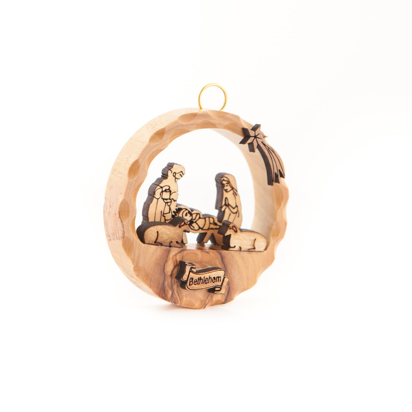 Round Engraved Olive Wood Nativity Scene Ornament