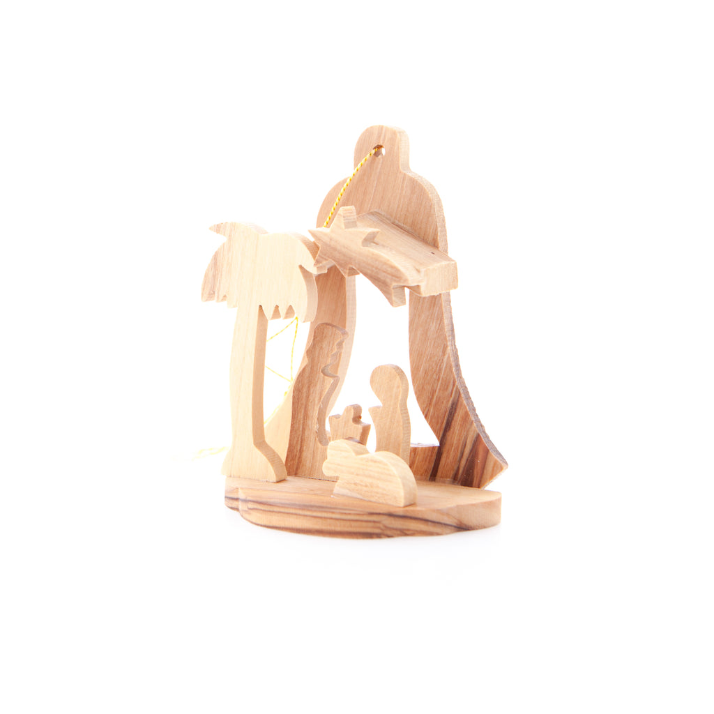 Olive wood nativity scene hand carved in Bethlehem, side angle of the olive wood sculpture