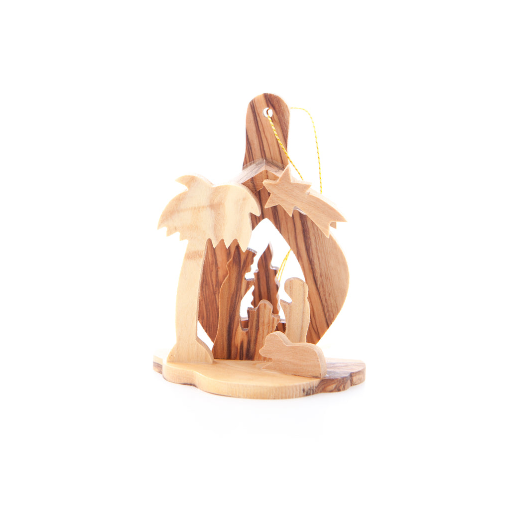 Olive wood nativity scene hand carved in Bethlehem, side angle of the olive wood sculpture