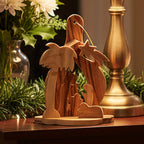 Olive wood nativity scene hand carved in Bethlehem, front view of the olive wood masterpiece