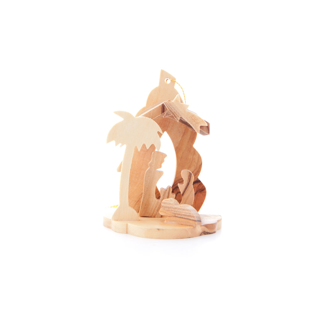 Olive wood nativity scene hand carved in Bethlehem, side angle of the olive wood sculpture