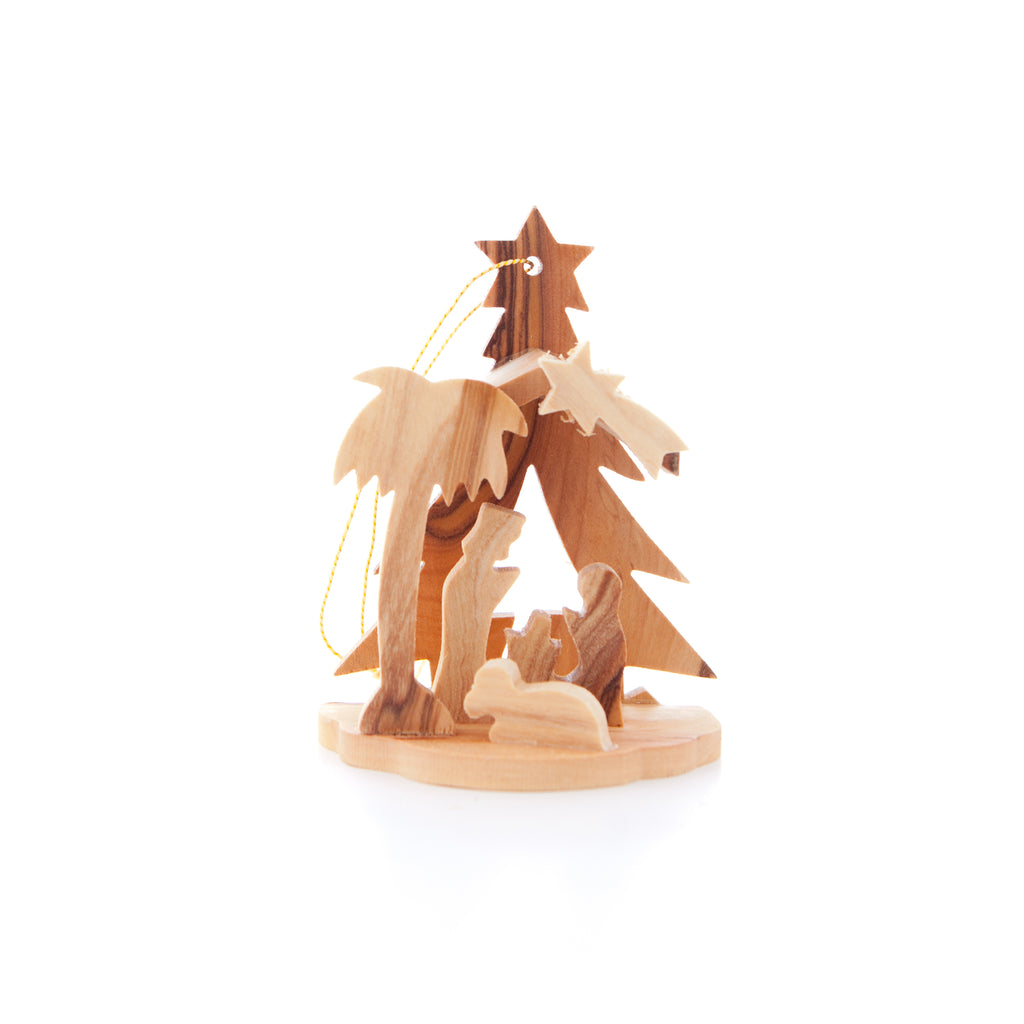 Olive wood nativity scene hand carved in Bethlehem, side angle of the olive wood sculpture