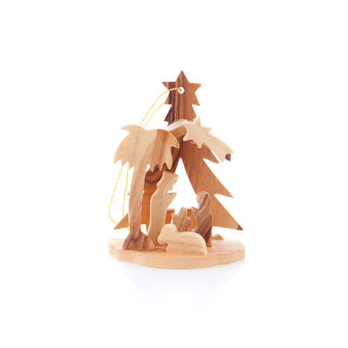 Olive wood nativity scene hand carved in Bethlehem, side angle of the olive wood sculpture