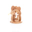 A hand-carved olive wood nativity scene ornament with an angelic background and figures, placed on a white background.