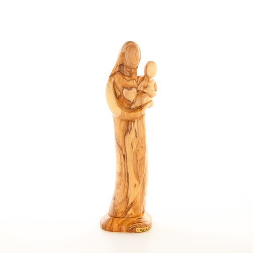 Virgin Mary olive wood statue from Bethlehem hand carved, side angle of the olive wood sculpture