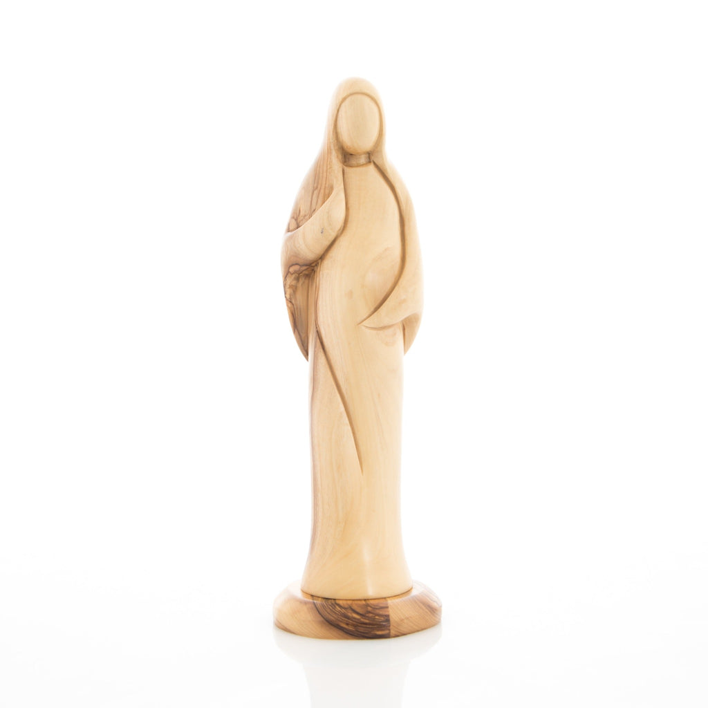 Our Lady olive wood statue from Bethlehem hand carved, 11 inch side angle of the olive wood sculpture