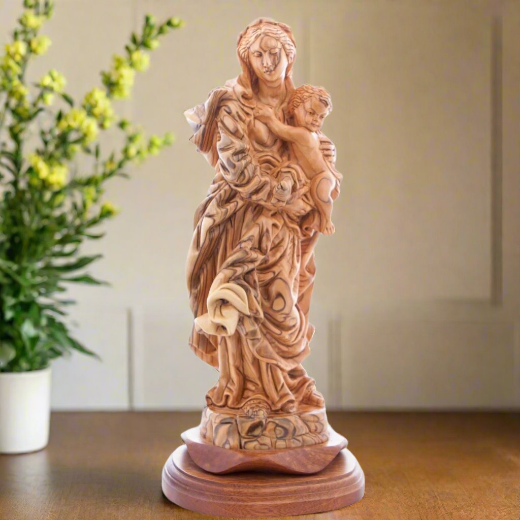 Virgin Mary olive wood statue from Bethlehem hand carved, 14.25 inch front view of the olive wood masterpiece