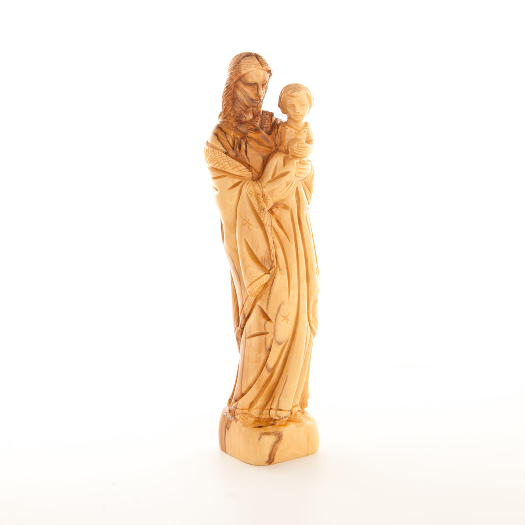 Virgin Mary olive wood statue from Bethlehem hand carved, 10 inch side angle of the olive wood sculpture