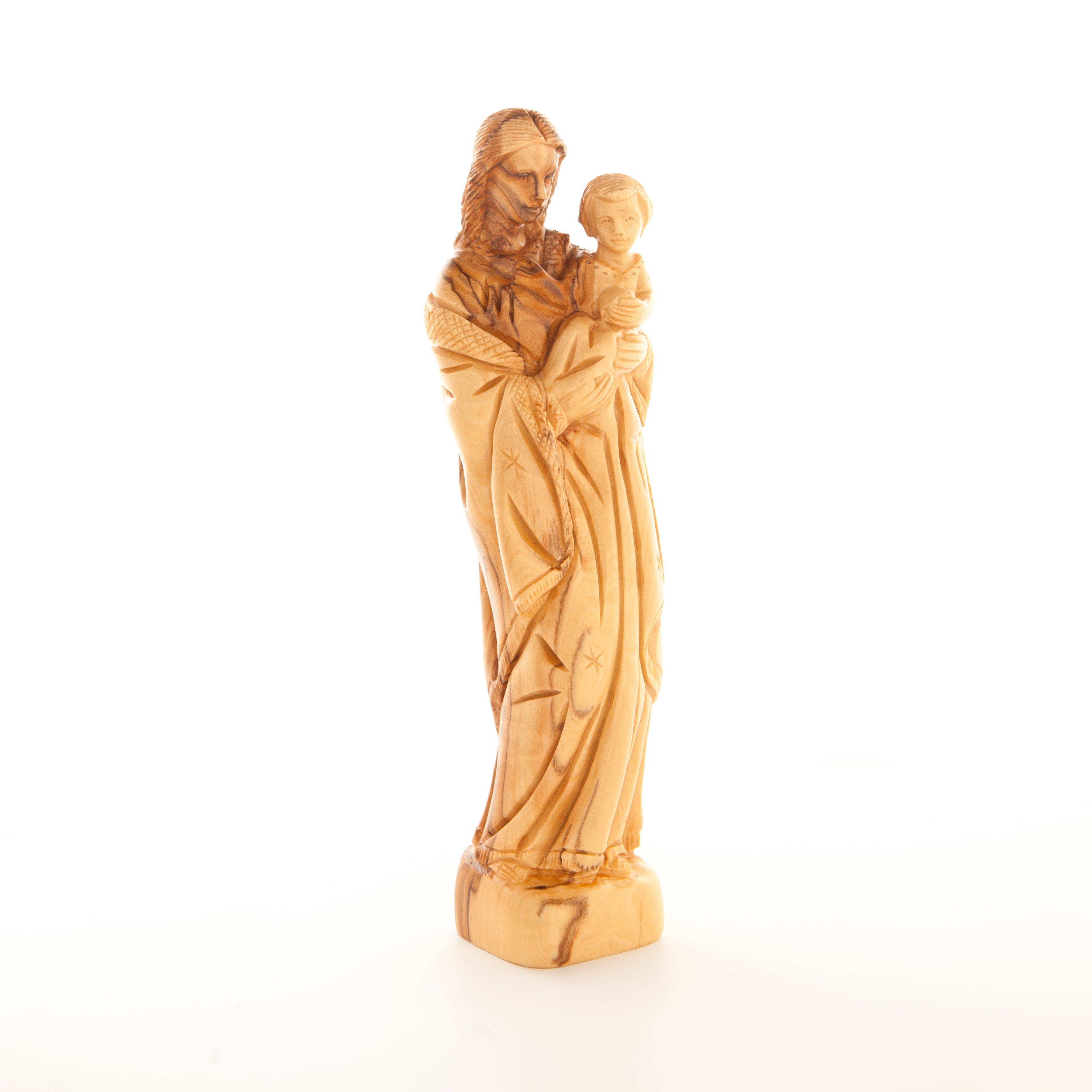 A 10 inch olive wood carving statue of the Virgin Mary and baby Jesus, with a predominantly beige and brown color palette.