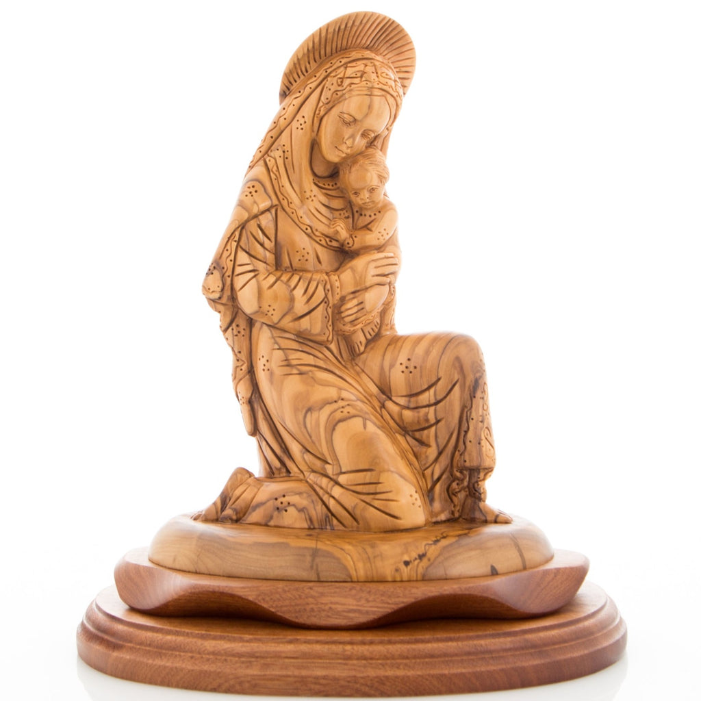 Virgin Mary olive wood statue from Bethlehem hand carved, 10.4 inch side angle of the olive wood sculpture