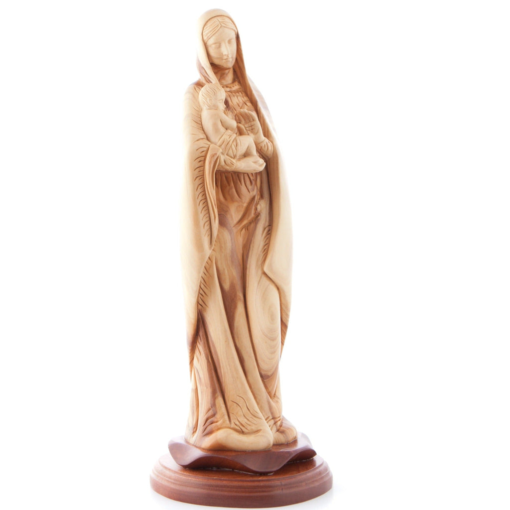 Virgin Mary olive wood statue from Bethlehem hand carved, 15 inch side angle of the olive wood sculpture
