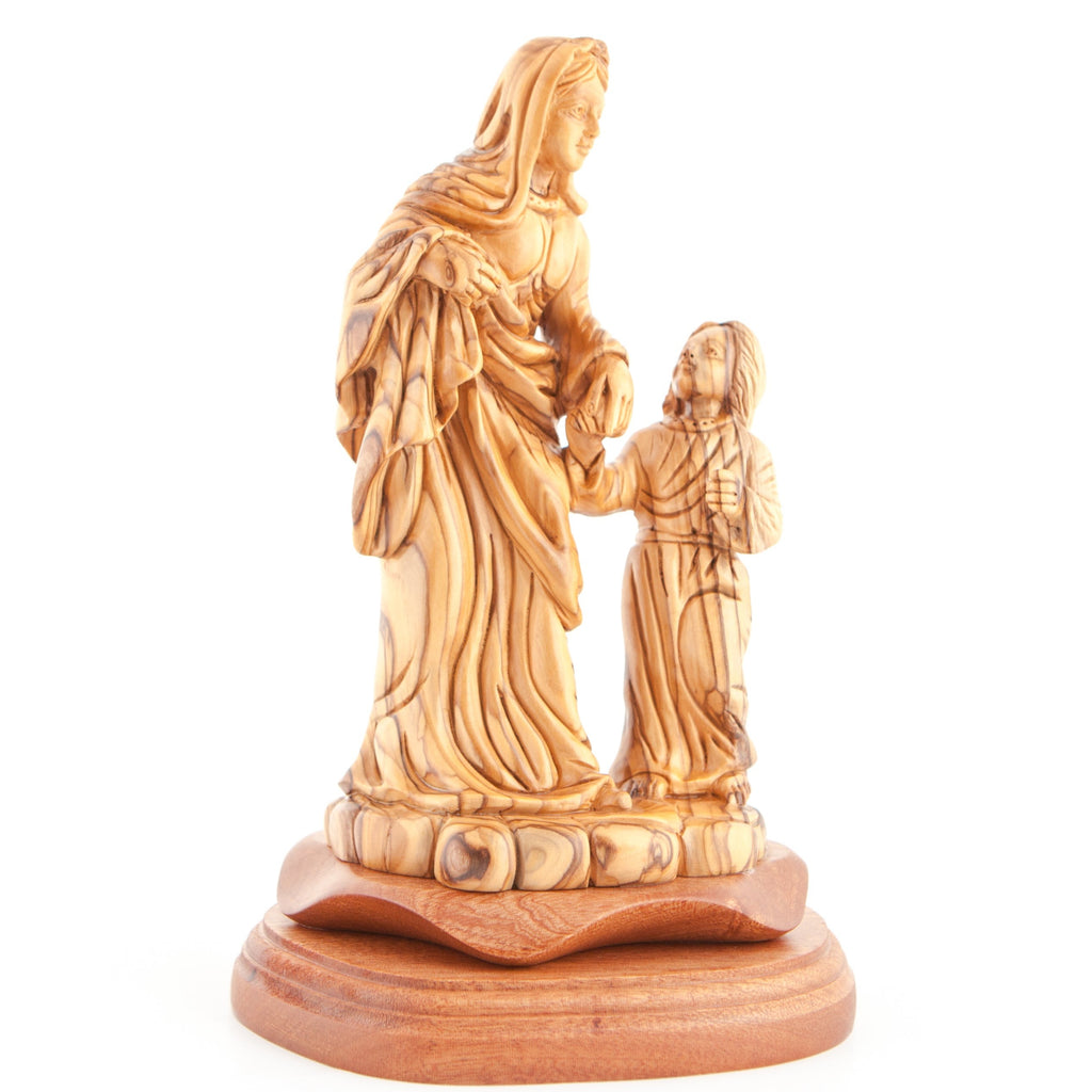 Virgin Mary olive wood statue from Bethlehem hand carved, 9.8 inch side angle of the olive wood sculpture