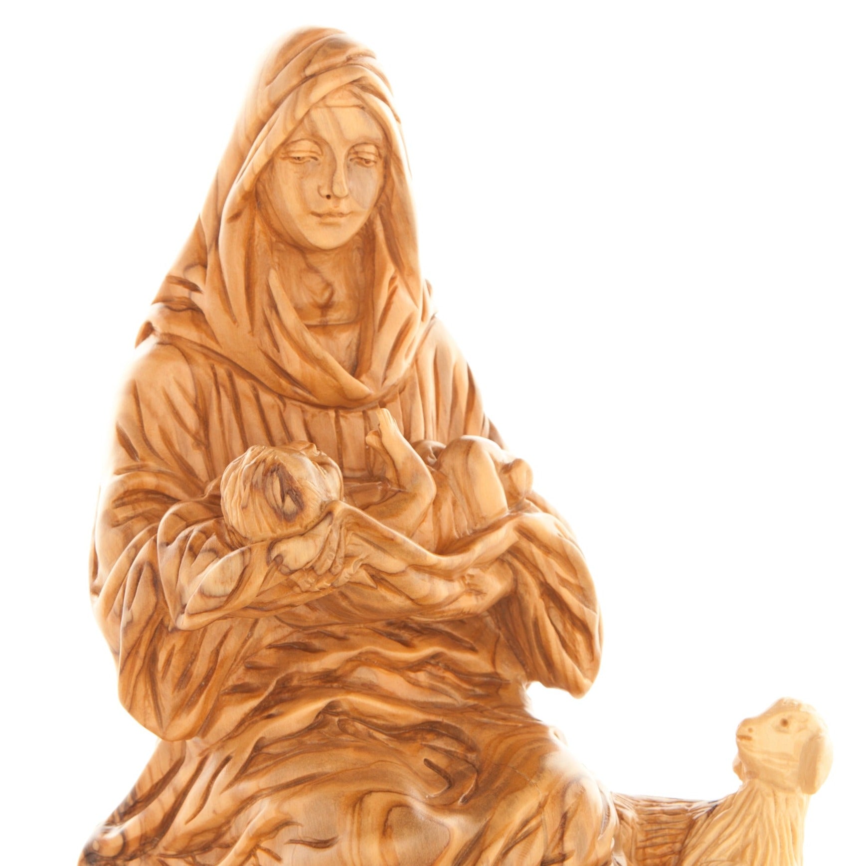 Virgin Mary olive wood statue from Bethlehem hand carved, 8.1 inch opposite side angle of the religious sculpture