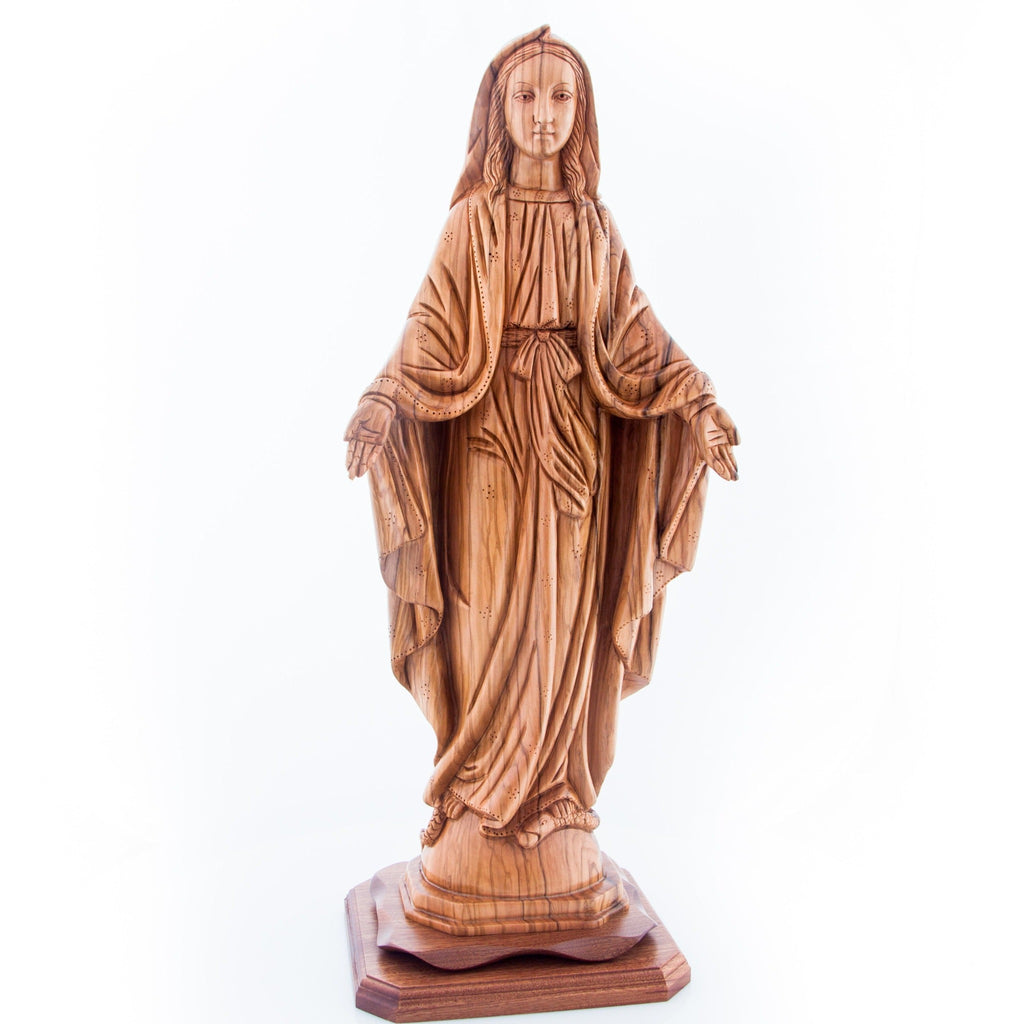Our Lady olive wood statue from Bethlehem hand carved, 22.8 inch top angle showing detail of the craftsmanship