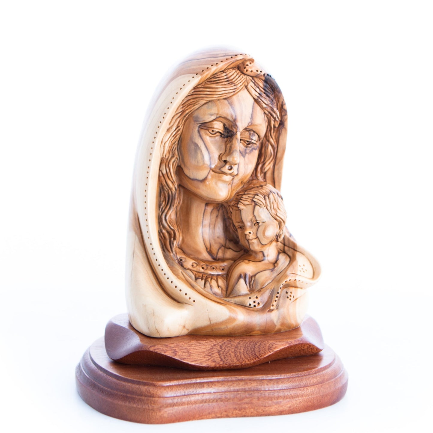 Virgin Mary with Baby Jesus Bust Statue, 7.5" Carving Olive Wood