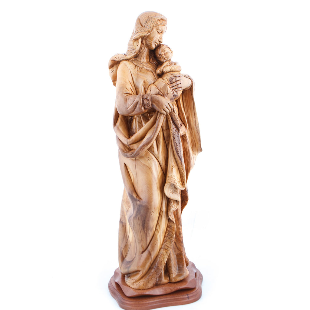 Jesus Christ statue hand carved from Bethlehem olive wood, 24 inch full height view of the masterpiece