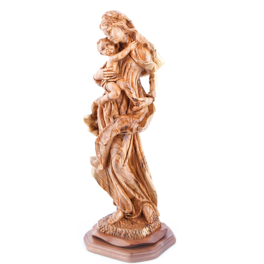 Virgin Mary olive wood statue from Bethlehem hand carved, 20.5 inch detail photo of the hand carved figures