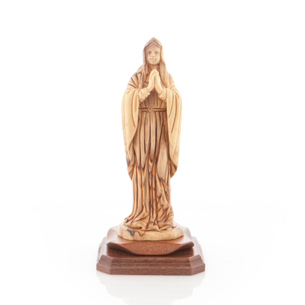 Virgin Mary olive wood statue from Bethlehem hand carved, 9.1 inch side angle of the olive wood sculpture