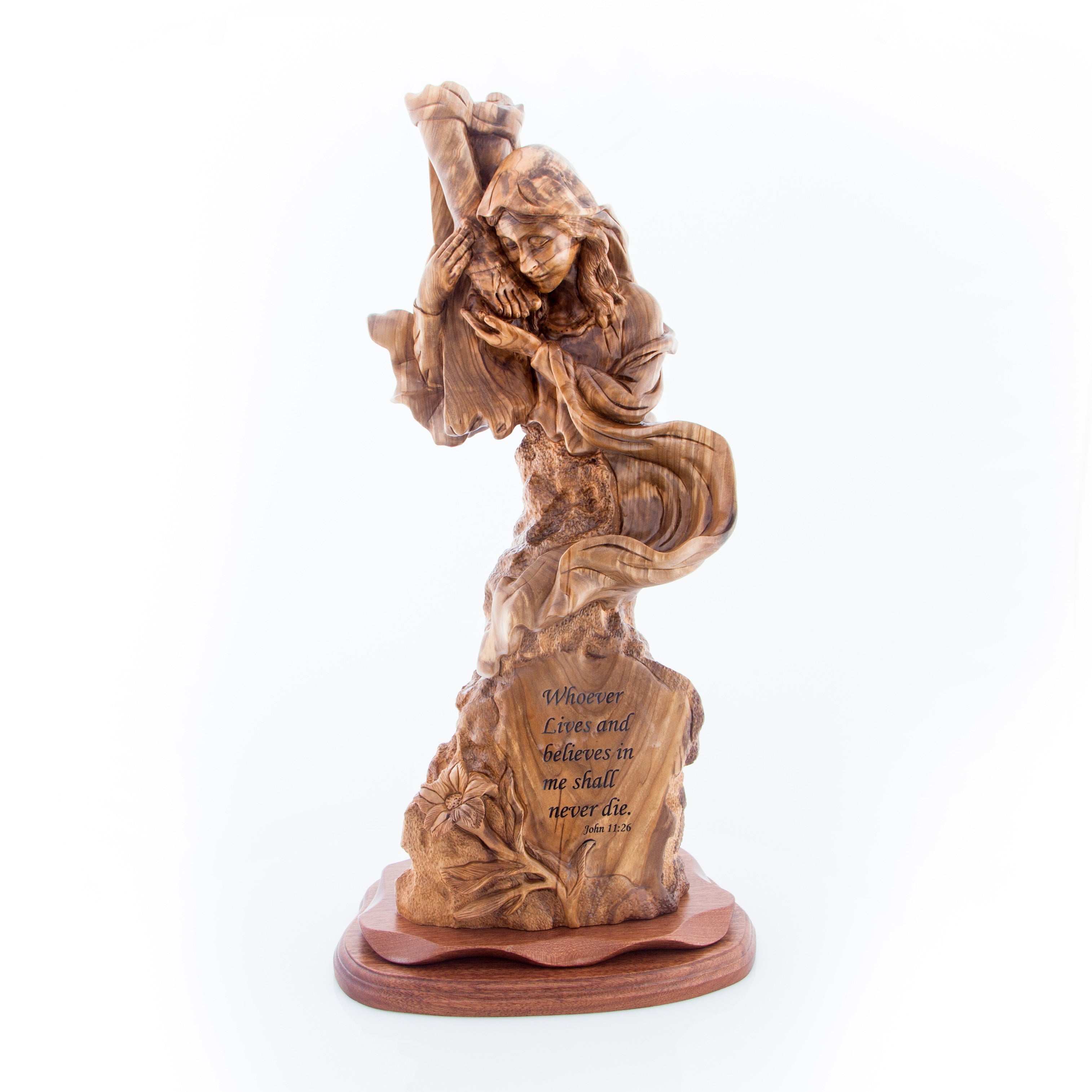 Virgin Mary olive wood cross from Bethlehem hand carved, 26 inch top angle showing detail of the craftsmanship