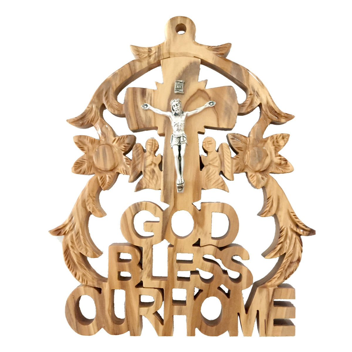 Religious wall art hand made in Bethlehem, 7.5 inch front view of the olive wood masterpiece