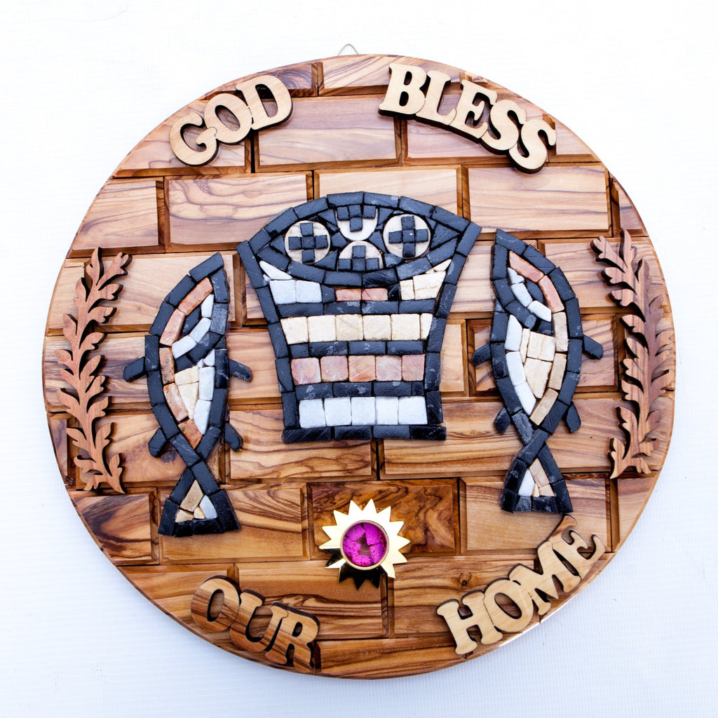 religious mosaic wall art hand made in Bethlehem, 10.2 inch front view of the olive wood masterpiece