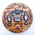 religious mosaic wall art hand made in Bethlehem, 10.2 inch front view of the olive wood masterpiece