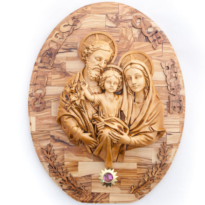 Holy Family Wall Plaque with Holy Incense, 17.3" Olive Wood from Holy Land
