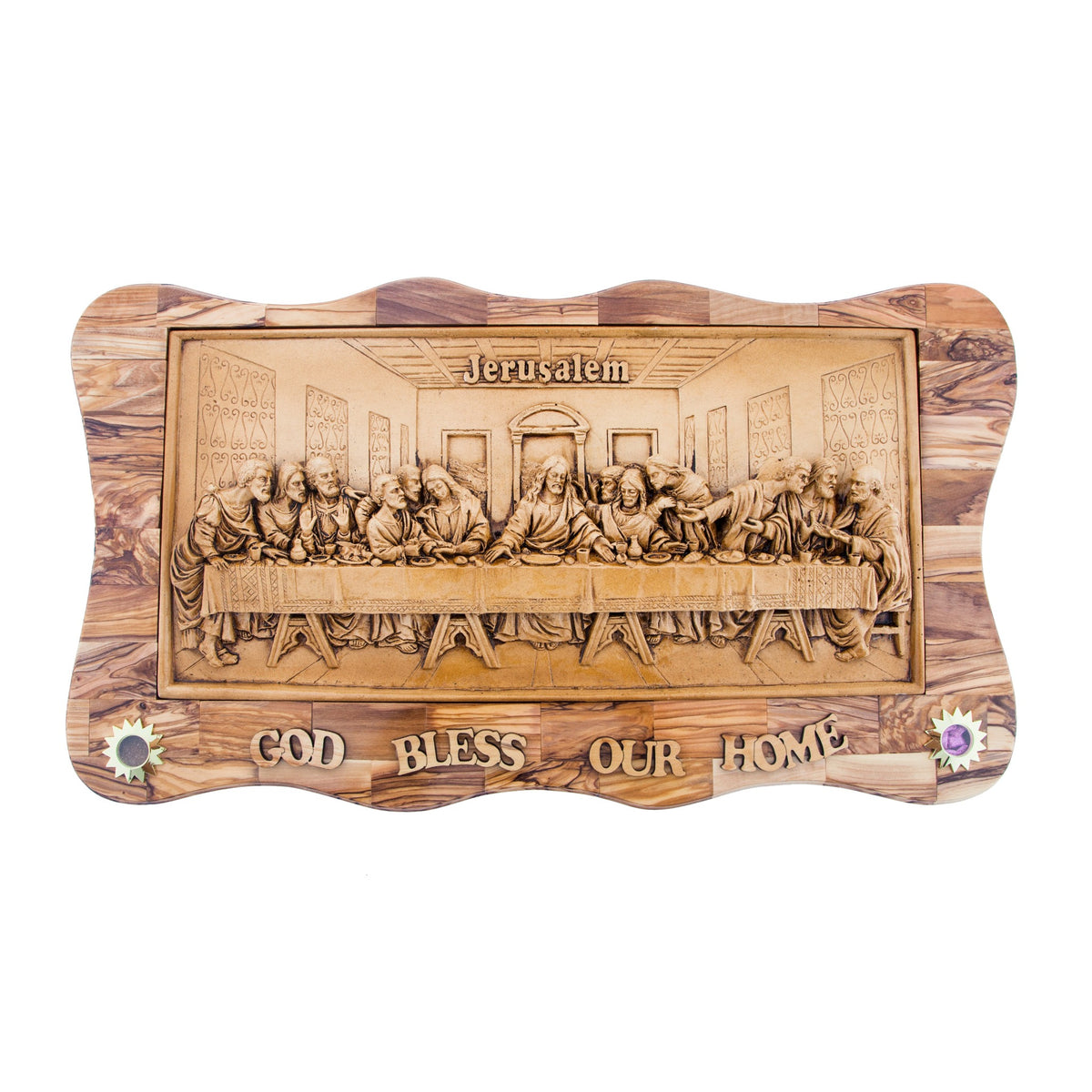 Last Supper olive wood statue hand carved in Bethlehem, 17.7 inch front view of the olive wood masterpiece