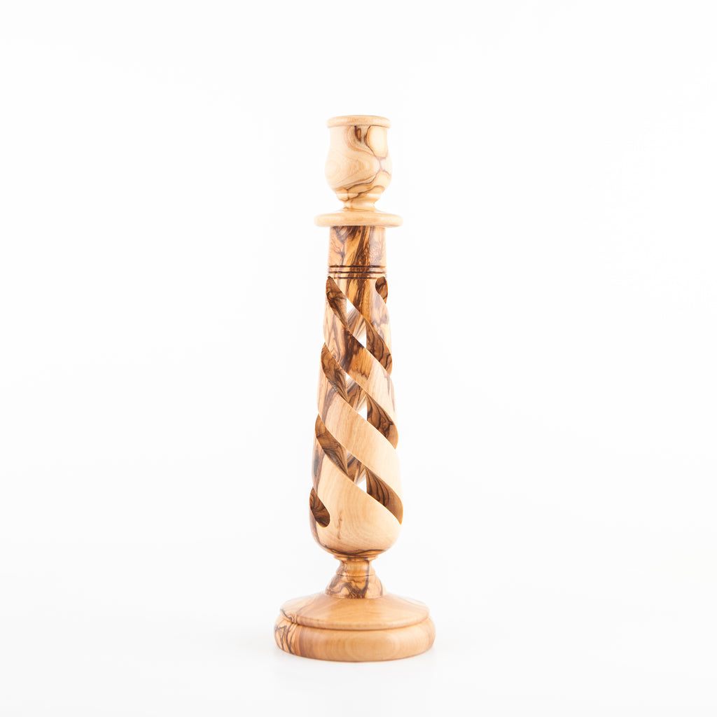 Olive Wood Candle Holder with Hollow Twist, 10" Tall