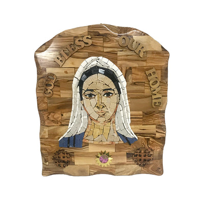 Virgin Mary Stone Mosaic on Olive Wood Plaque, 13.5"